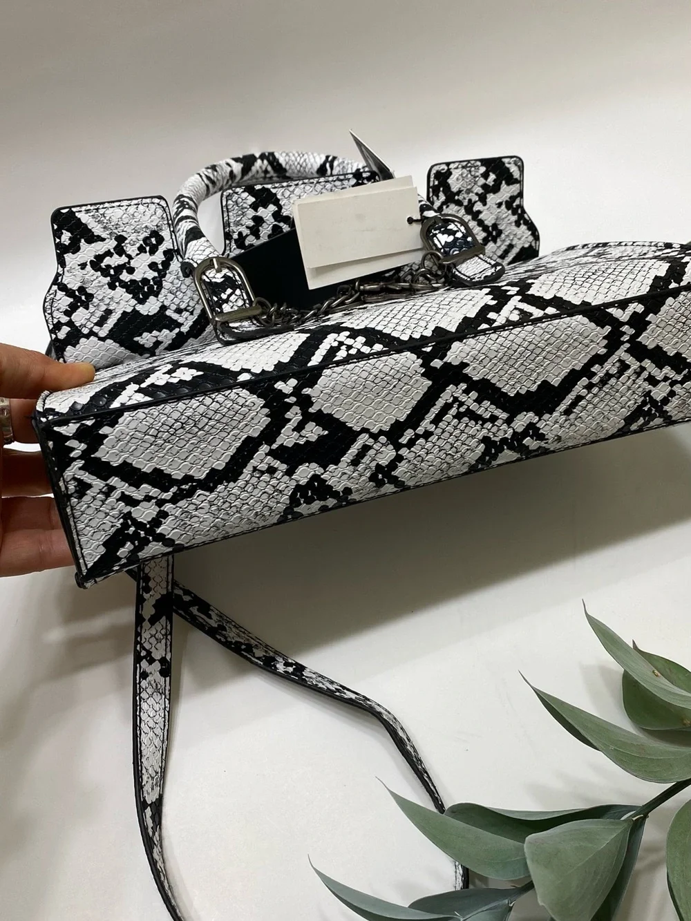 Ed Hardy Black & White Snake-Print Satchel with Charm Chain